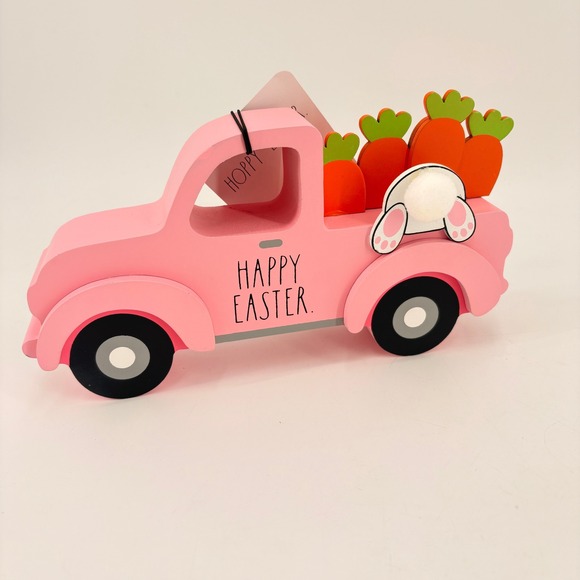 Rae Dunn Other - NWT Rae Dunn Pink Wood Truck Happy Easter Bunny Carrots Tabletop Decor